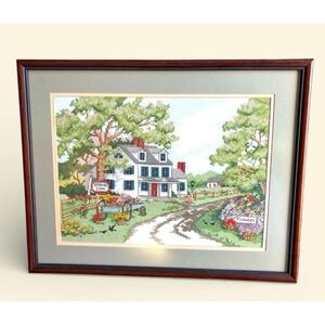 Vintage Framed Large 21"x16" Cross Stitch Spring Inn" Don Gardner #3097 Cottage